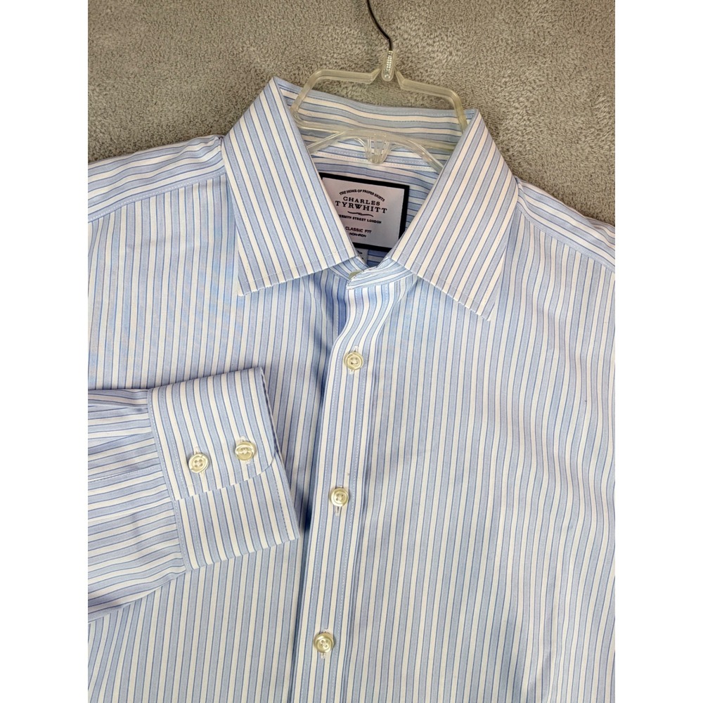 Charles Tyrwhitt Mens 16X33 Classic Fit Non-Iron Striped Dress Shirt Blue White